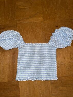Light Blue Gingham Smocked Top with Puff Sleeves